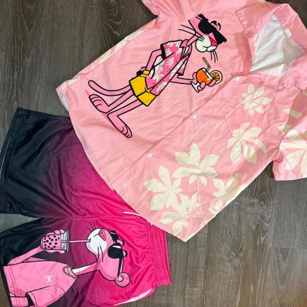 Men’s Pink Panther Tropical Button-Up Shirt & Swim Shorts 2-Piece Set XL/L